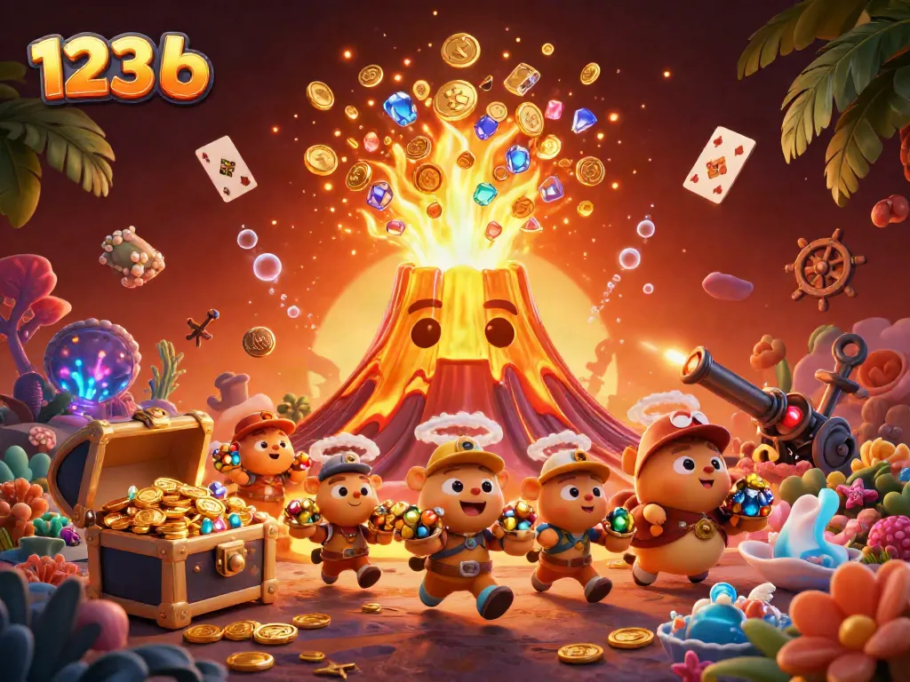 Engage with 123 b's thrilling eruption of treasures, showcasing vibrant gaming elements and adventure.