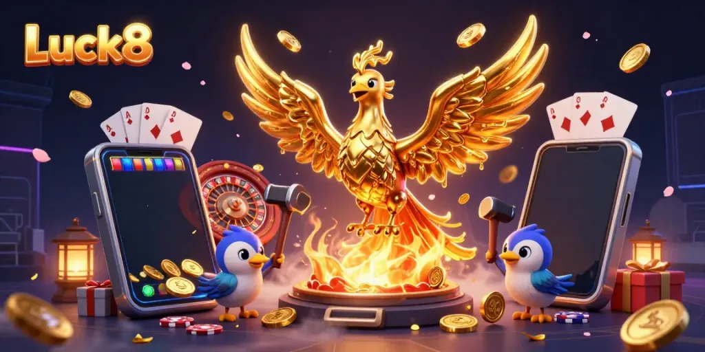 Experience the thrilling world of Luck8, where a golden phoenix emerges amidst dynamic casino game elements