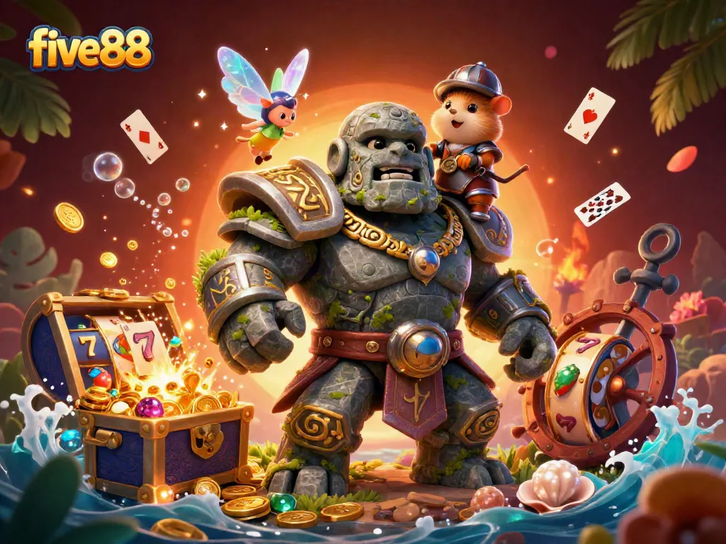 Engage with five88's vibrant casino world, showcasing gold coins, slot reels, and magical characters.