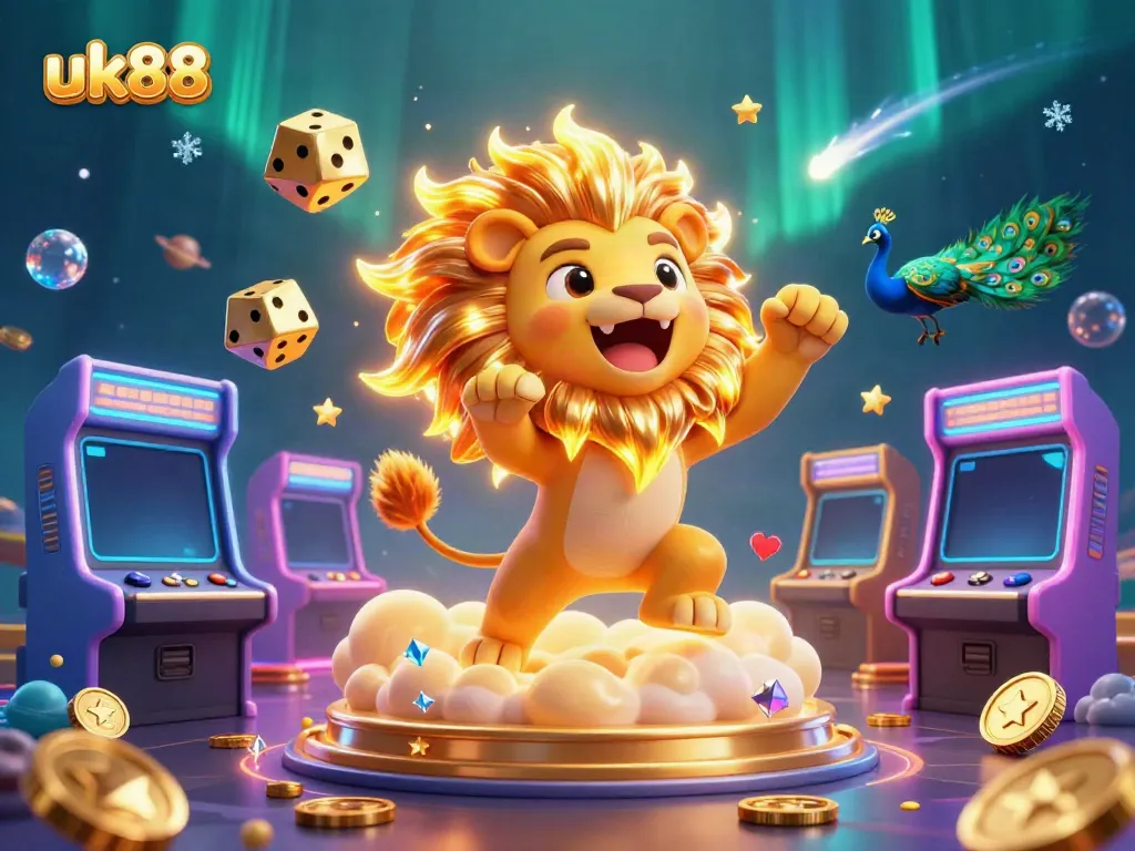 Experience thrilling gaming action with UK88 as the sun lion triumphs over golden casino elements.