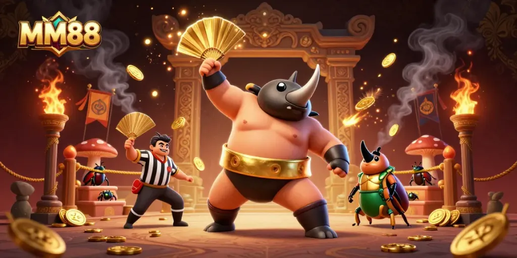 Watch the MM88 sumo champion beetle stomp as golden coins scatter in this lively casino scene.