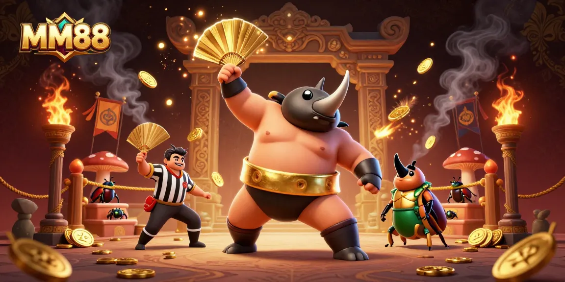 Watch the MM88 sumo champion beetle stomp as golden coins scatter in this lively casino scene.