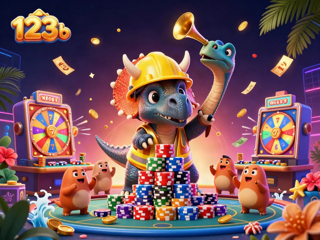 Engage with vibrant 123 b casino scenes featuring a triceratops and festive slot elements.