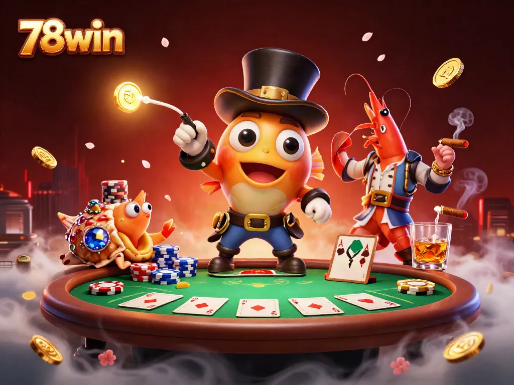 Engage with 78win's thrilling casino atmosphere featuring cartoon characters and poker elements.