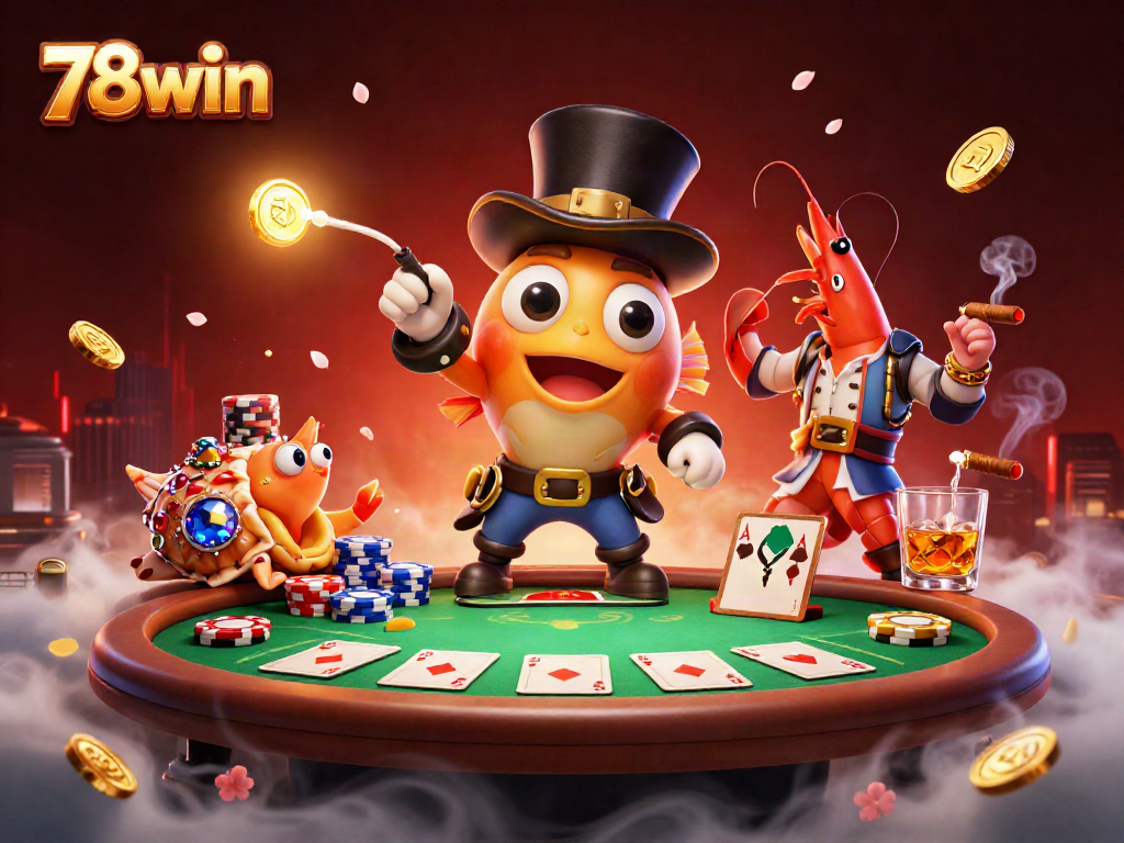 Engage with 78win's thrilling casino atmosphere featuring cartoon characters and poker elements.