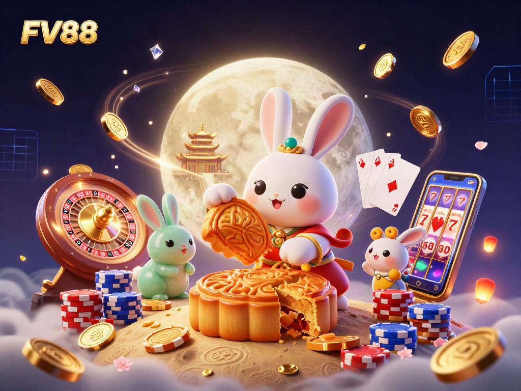 Join the FV88 casino experience with a playful moon rabbit scene featuring vibrant gaming elements.