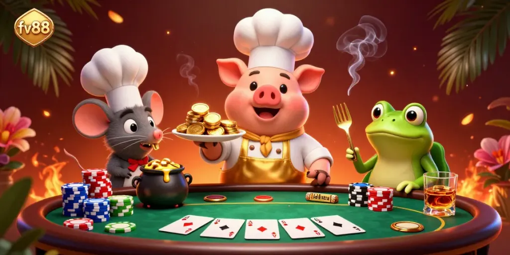 fv88 offers thrilling poker gameplay with vivid cartoon characters in a lively casino scene.