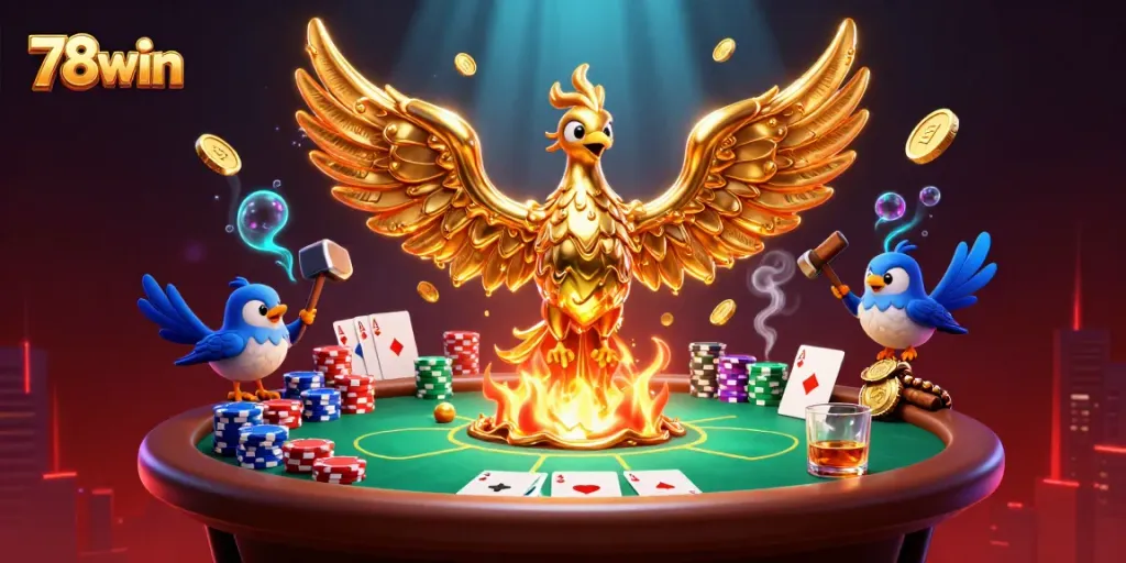Engage with the thrilling world of 78win's vibrant casino scene featuring golden phoenix and poker elements.