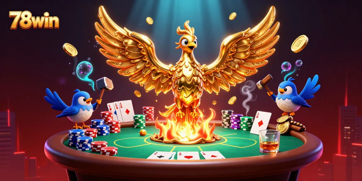 Engage with the thrilling world of 78win's vibrant casino scene featuring golden phoenix and poker elements.