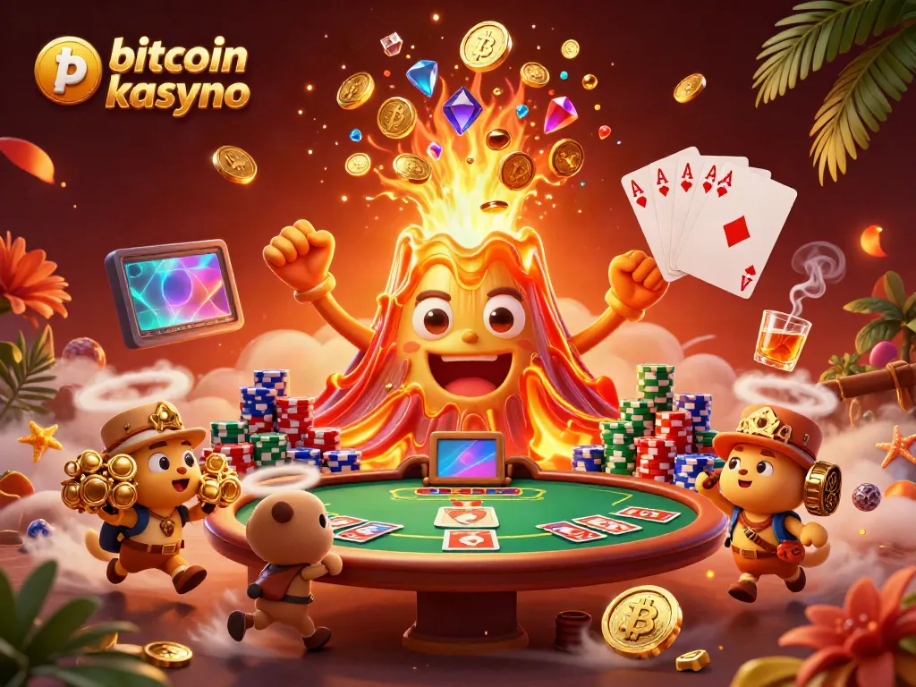 Experience the excitement of bitcoin kasyno with a vibrant 3D scene, featuring a golden volcano and poker elements.