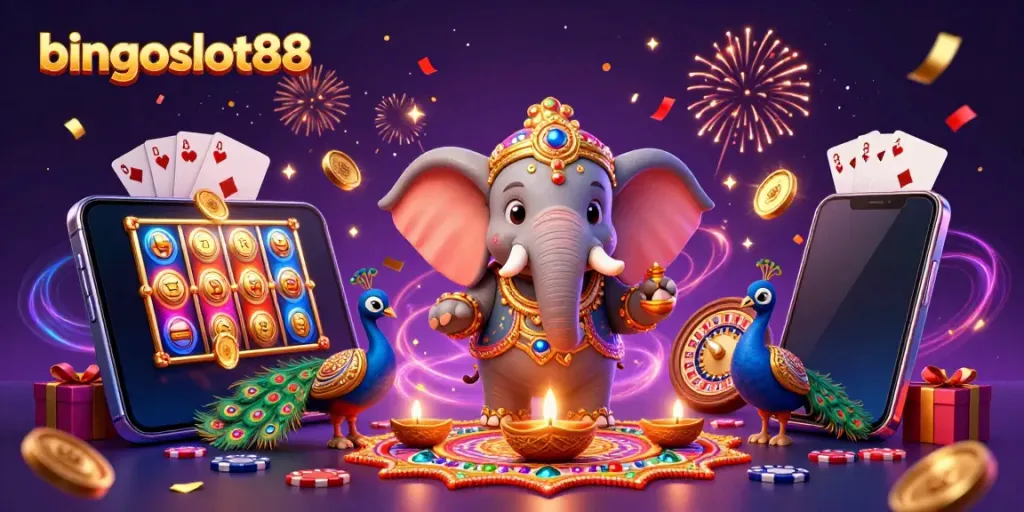 Gambarkan pengalaman bermain bingoslot88 dengan gajah dan merak yang diramaikan oleh lampu minyak dan pola rangoli.