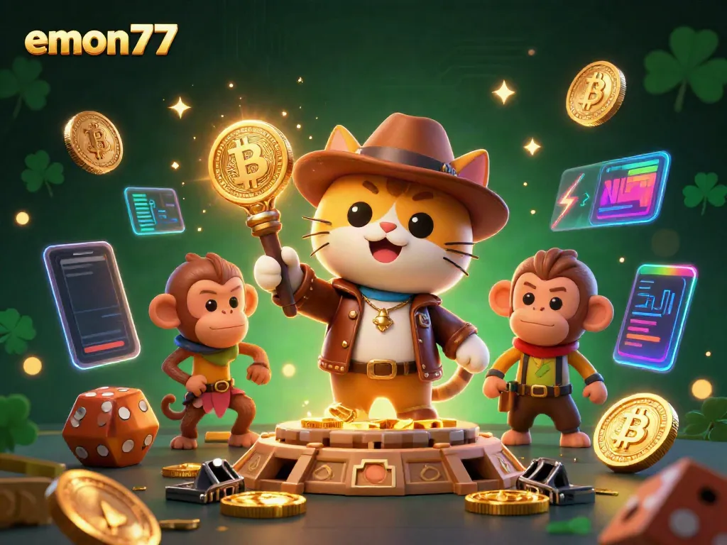Exciting emon77 adventure with a cartoon explorer cat and monkey finding a golden casino artifact amidst blockchain elements.