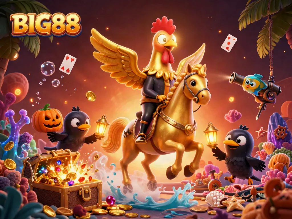 Experience the thrilling ambiance of BIG88 with a golden rooster in a midnight casino.