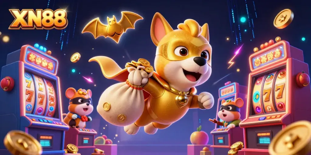 Engage with XN88's thrilling slot gaming adventure featuring a superhero dog and hamster.