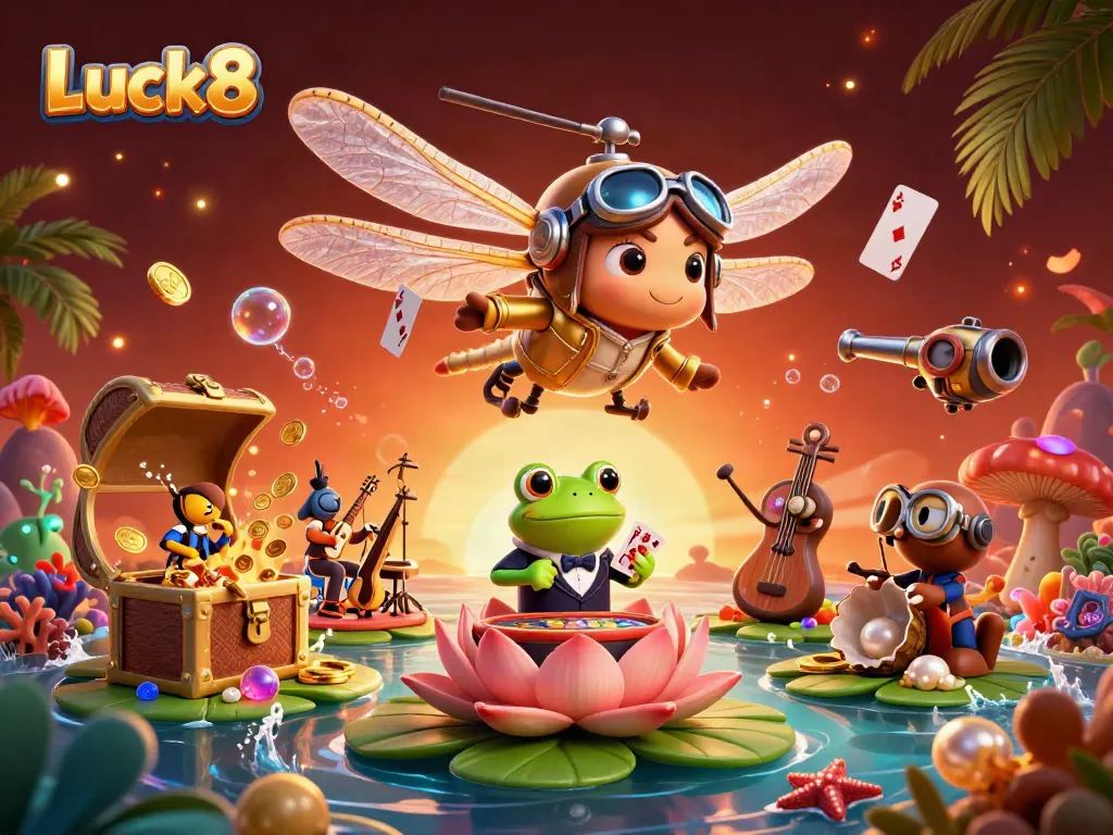 Luck8's vibrant casino scene depicts a dragonfly pilot and frog croupier amidst treasures and games.