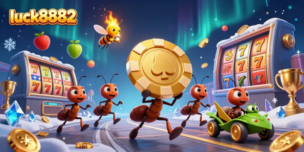 Experience gambling excitement with luck8882 as ants and characters embark on a thrilling casino heist.
