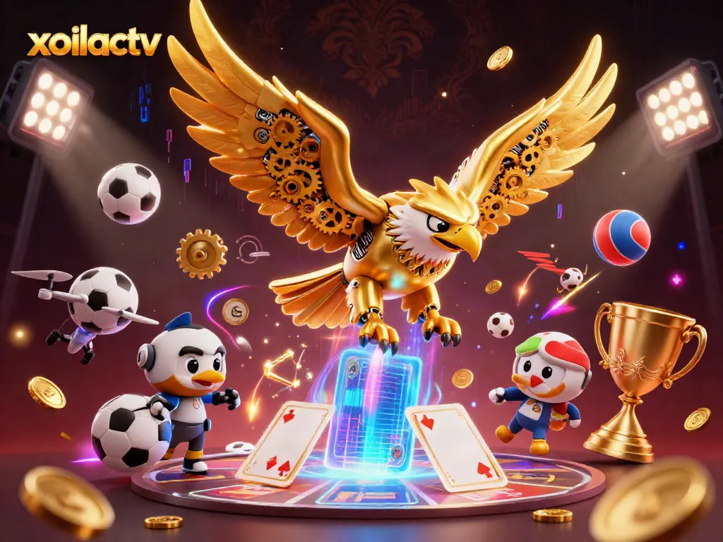 Xoilactv showcases its thrilling gaming action with a mechanical eagle amidst holographic sports and betting elements.