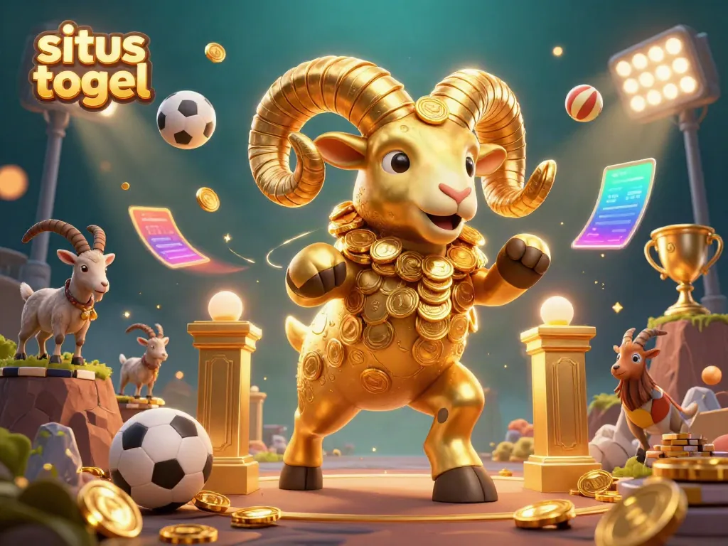 Engage with situs togel through an energetic scene of a golden ram charging at a majestic gate, surrounded by dynamic sports elements.