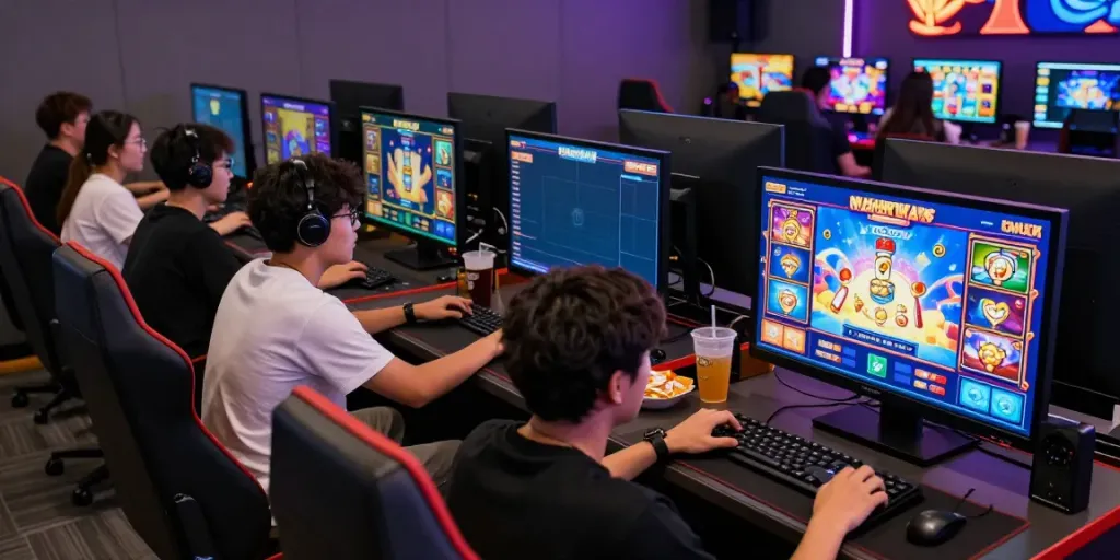 A dynamic gaming scene showcasing players engaged in slot games at a vibrant gaming lounge, emphasizing the connectivity and excitement of situs slot777.