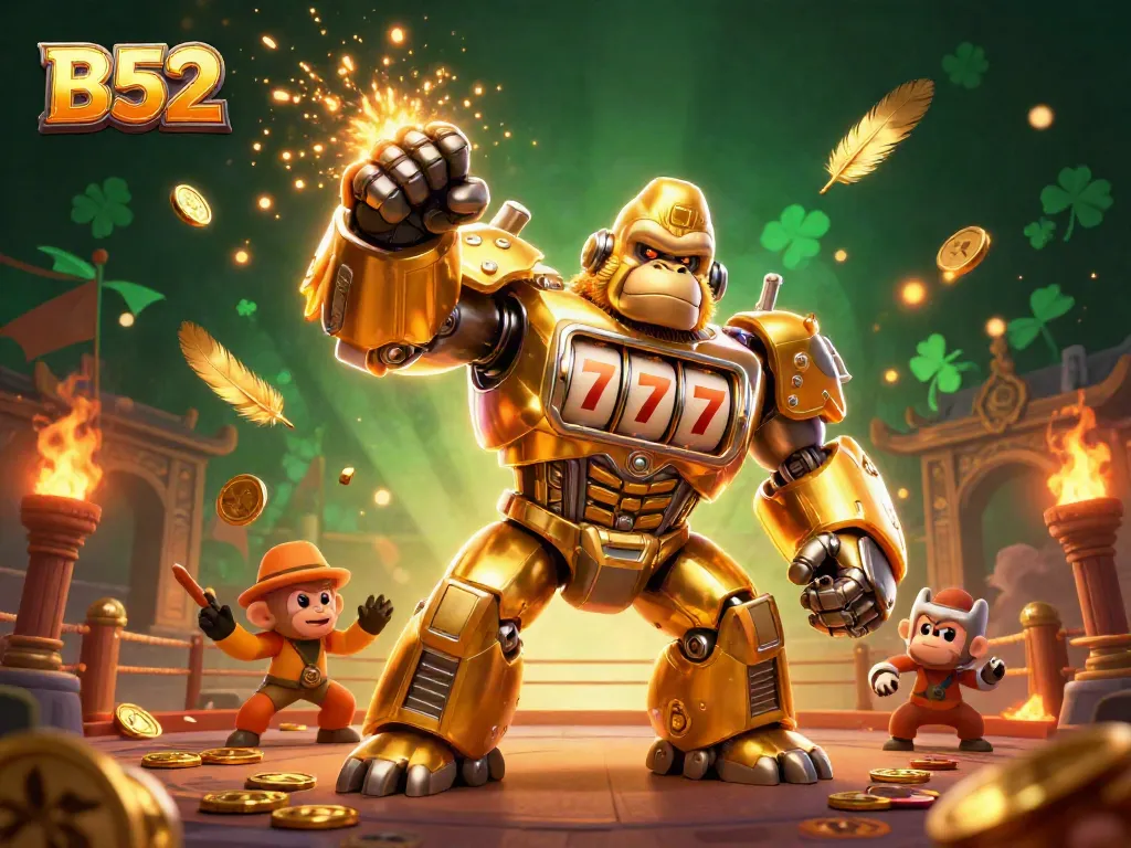 B52 themed casino illustration with a golden gorilla mech, slot machines, and dynamic gambling elements.