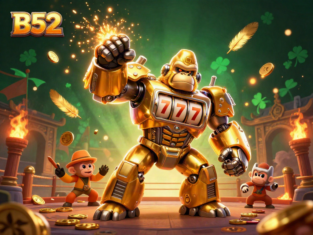 B52 themed casino illustration with a golden gorilla mech, slot machines, and dynamic gambling elements.