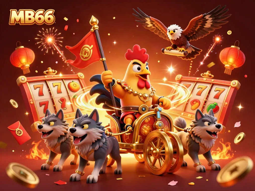 Experience MB66 exhilarating gaming with a cartoon rooster warlord in a dynamic 3D casino scene.