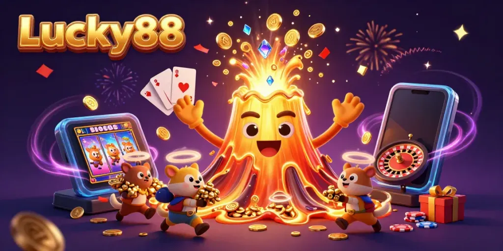 Experience the Lucky88 excitement with a thrilling 3D illustration of a golden volcano erupting coins and treasures.