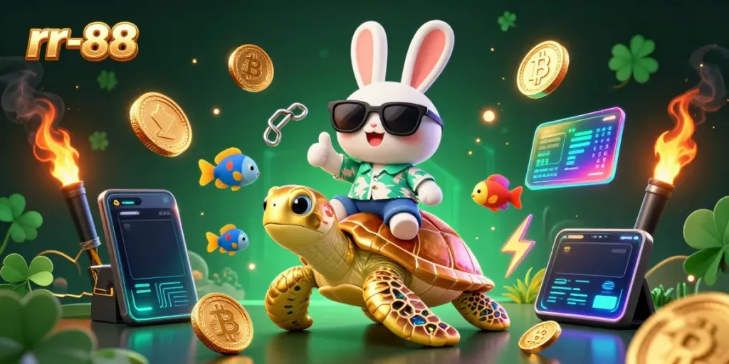 The lucky rabbit and golden turtle promote rr-88's vibrant online casino with glowing crypto elements.