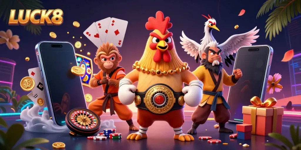 LUCK8 showcases a fierce Muay Thai rooster and skilled martial artists amidst vibrant casino elements.