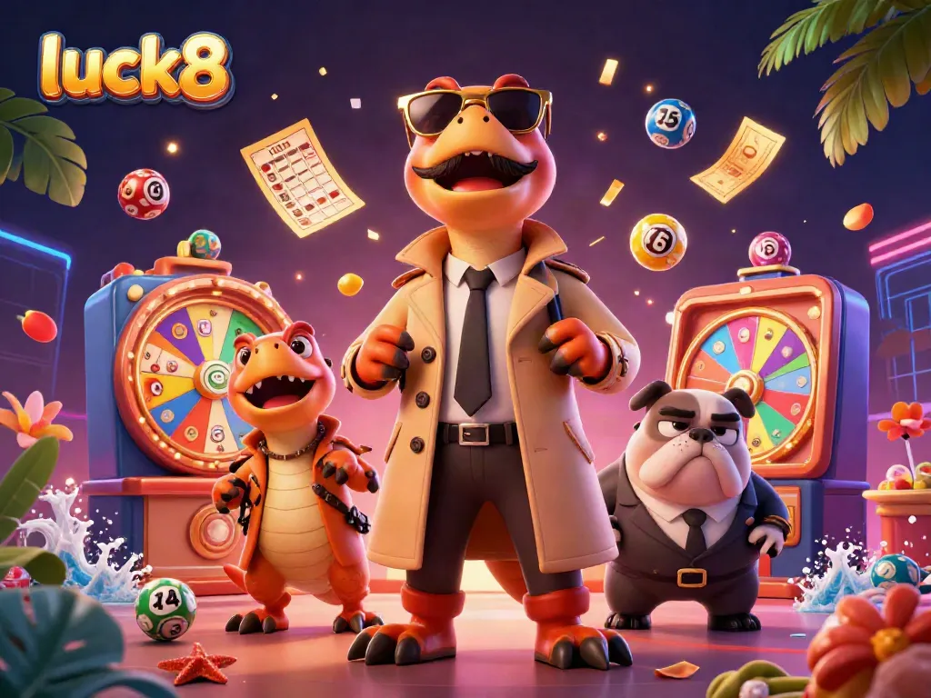 Experience luck8 thrills as raptors in a trench coat fumble to enter a VIP casino with colorful lottery excitement.
