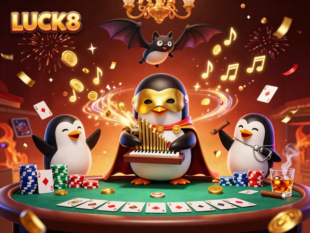 Experience the thrill of gaming at LUCK8, featuring a penguin organist and poker scene.