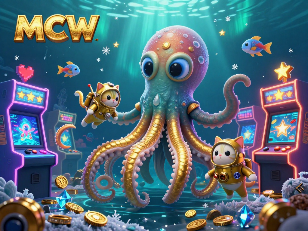 Engage with MCW's vibrant casino world featuring a golden kraken and diving cat in a colorful 3D arcade atmosphere.