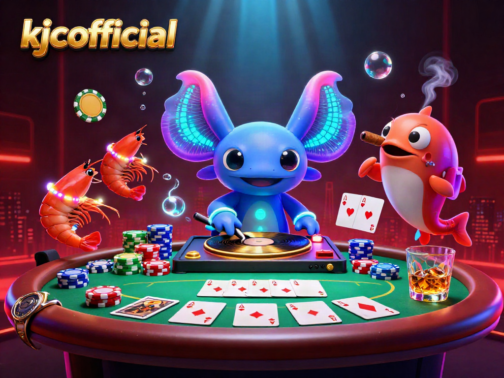 kjcofficial showcases a vibrant axolotl DJ spinning poker-themed elements in a captivating underwater scene.