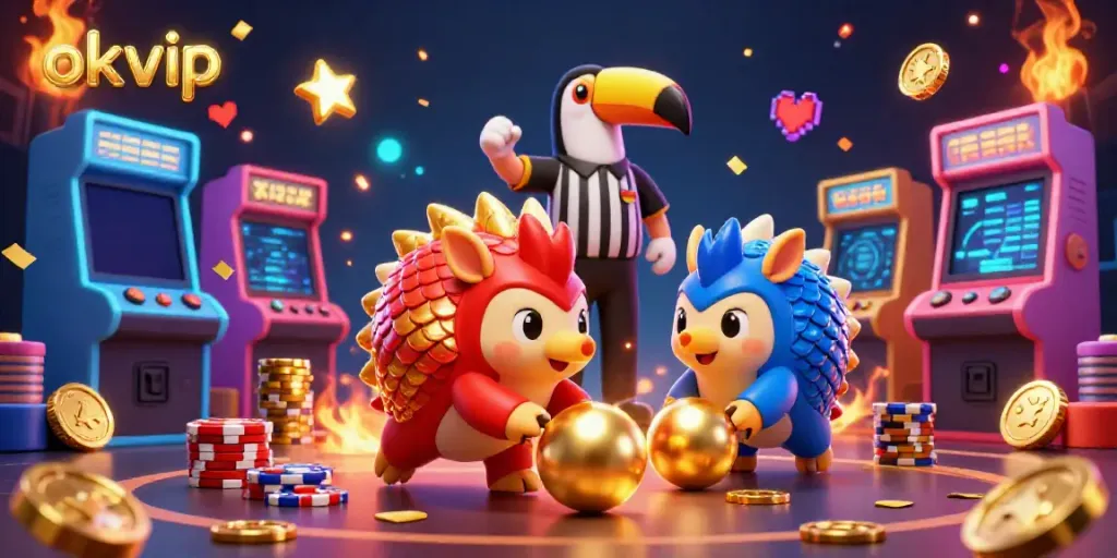 Experience thrilling bowling with okvip featuring rival pangolins amidst casino excitement.