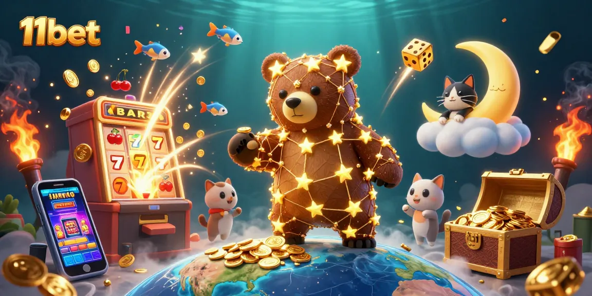 Experience thrilling gameplay with 11bet's dynamic casino scene featuring vibrant 3D illustrations.