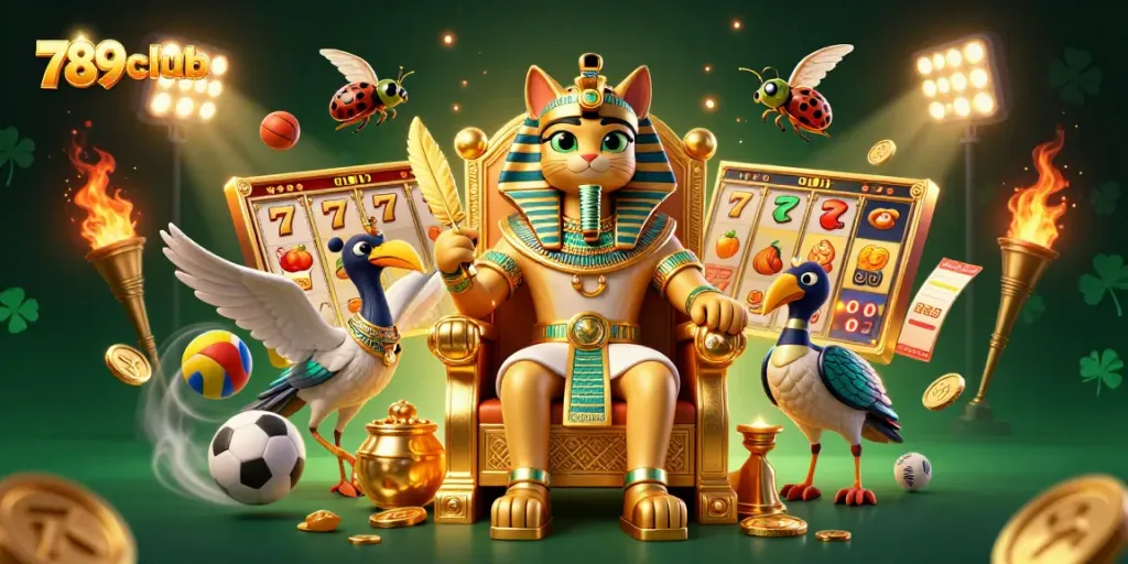 Experience the excitement of 789club with a pharaoh cat and dynamic slot game elements.