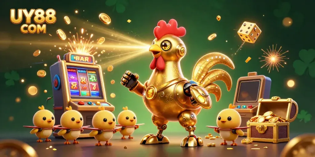 Engage with thrilling slot action at UY88 COM featuring a golden rooster robot and exciting casino elements.