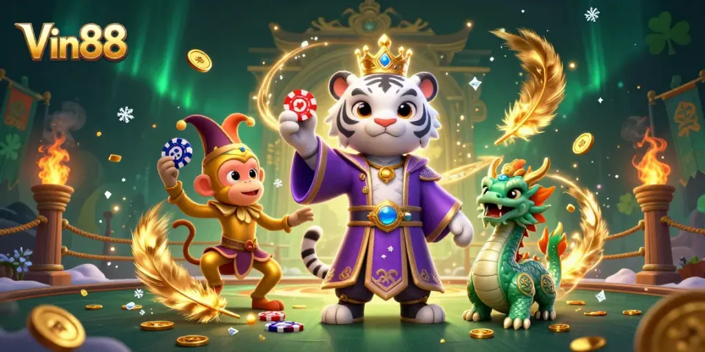 Engage with Vin88's thrilling casino experience featuring a playful monkey and majestic tiger in action.