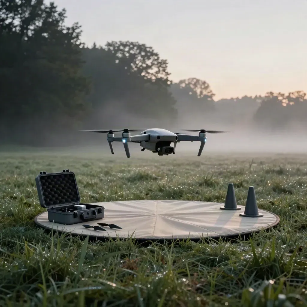 Dron treningowy nad matą do lądowania o świcie, obok walizki, pachołków i mgły na mokrej trawie.