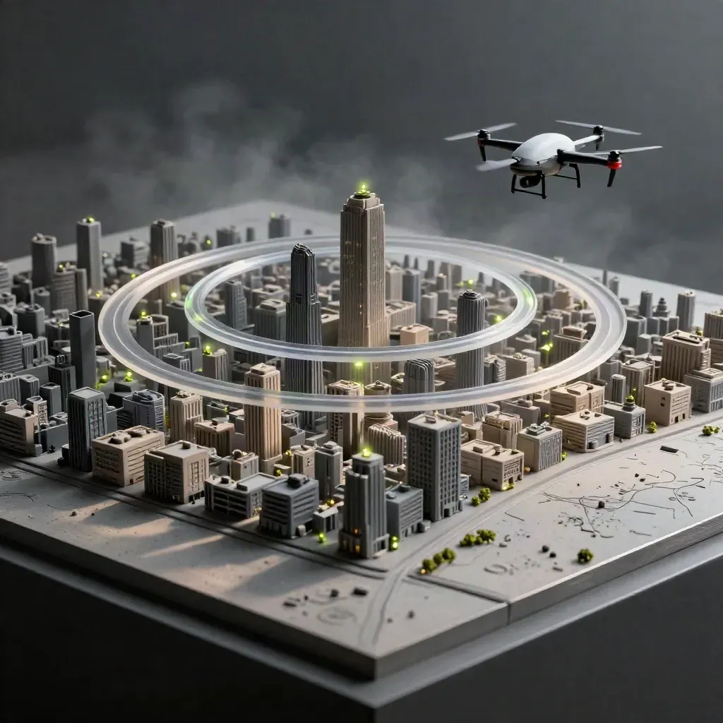Makieta miasta z dronem i pierścieniami wysokości, z zielonymi znacznikami stref