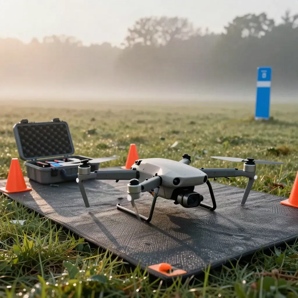 Dron zawieszony nad matą startową, pachołki i otwarty futerał w porannej mgle.