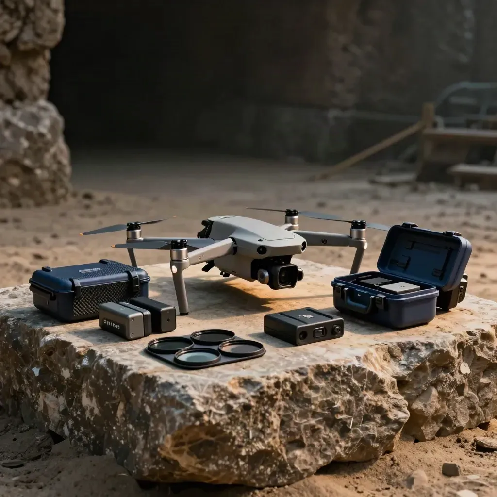 Dron z akcesoriami na kamiennym parapecie w mrocznym hangarze, gotowy do pracy