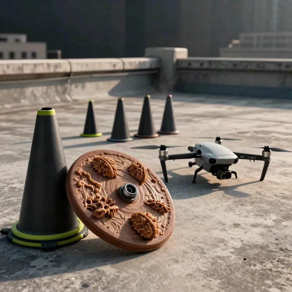 Niskie ujęcie zestawu do treningu dronów: krążek lądowania, pachołki i kompaktowy dron na dachu.