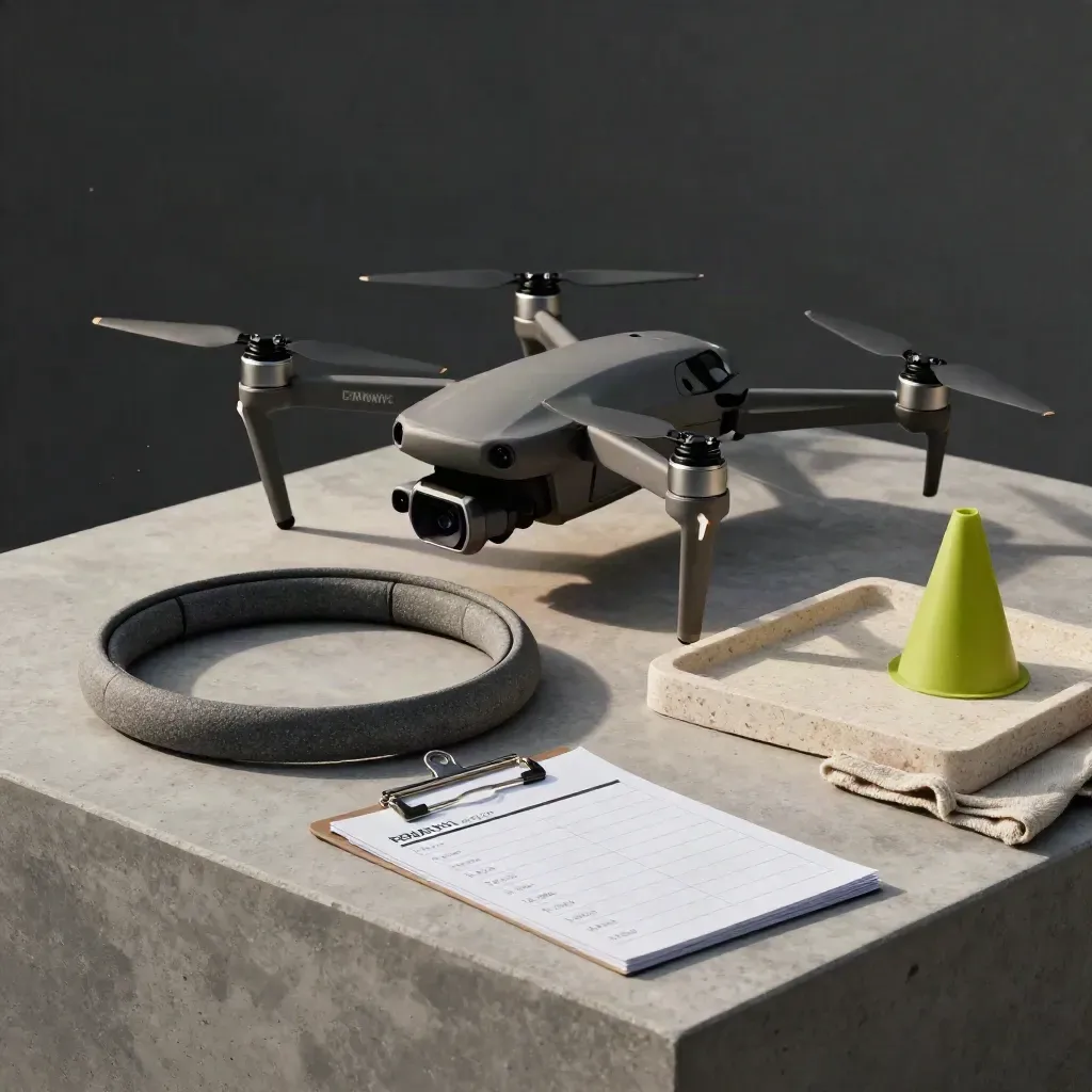 Dron treningowy, ring lądowania, klips i stożek na kamiennej tacy