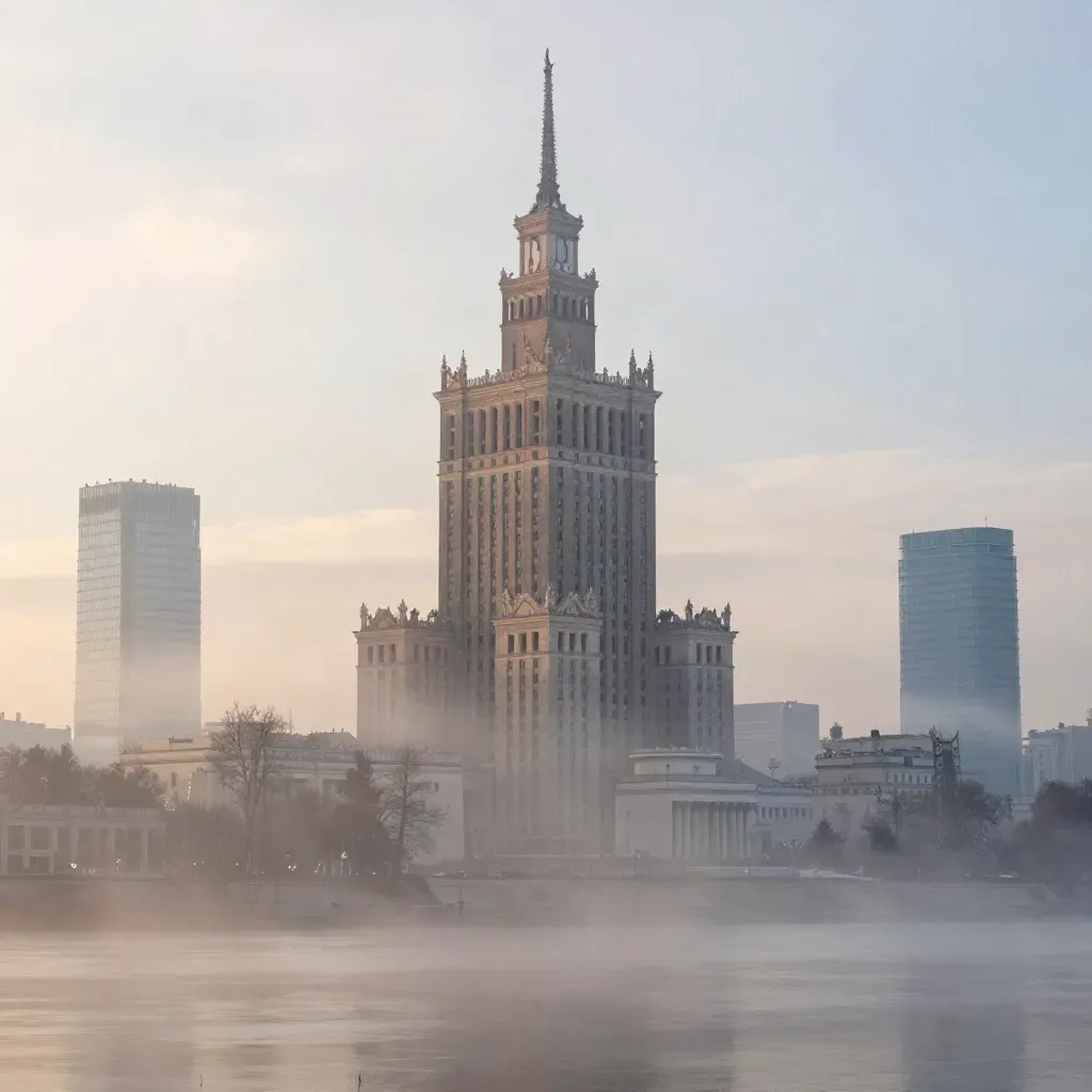 Warszawska panorama z Pałacem Kultury nad mgłą Wisły i szklanymi wieżami o świcie