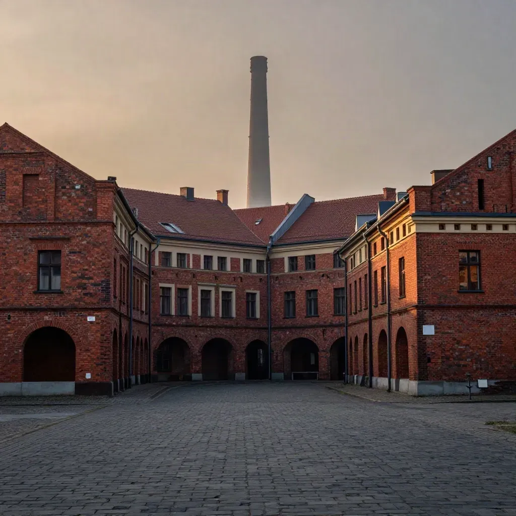 Ceglany Nikiszowiec o zmierzchu, z wieżą szybową i mgłą nad dachami