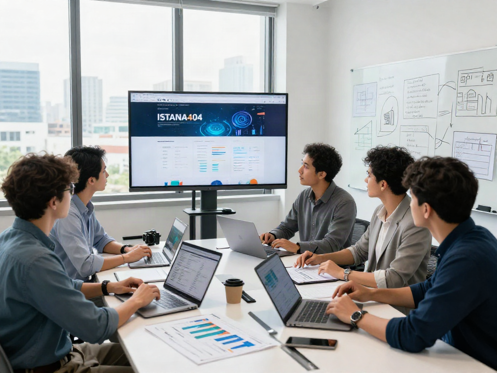 ISTANA 404 team collaborating on business technology insights in a modern office