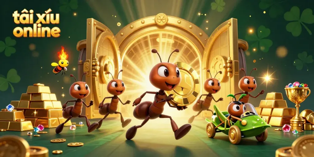 The ants carry a giant golden poker chip in a vibrant tài xỉu online casino heist scene.