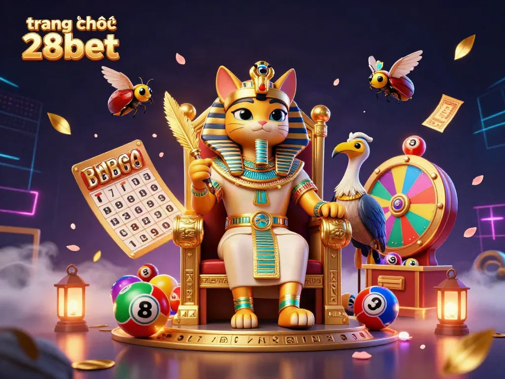 Engage with the vibrant scene of "trang chủ 28bet" as the Egyptian pharaoh cat presides over an energetic casino atmosphere.
