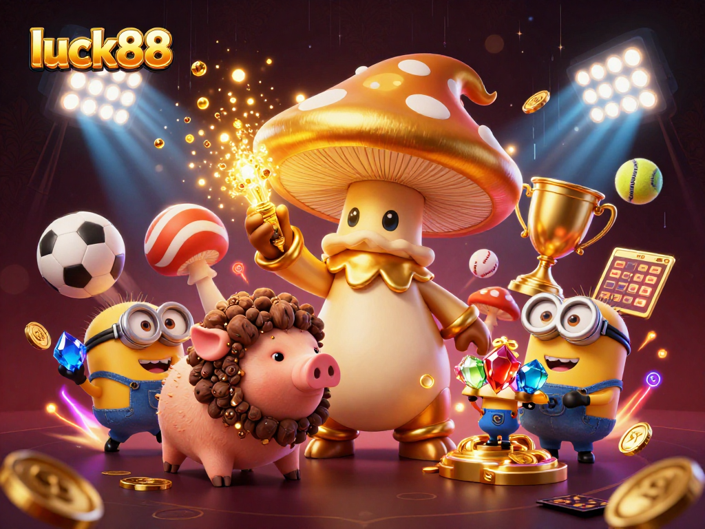 Experience winning moments with luck88 as the golden wizard and truffle pig unveil treasures in a vibrant casino scene.